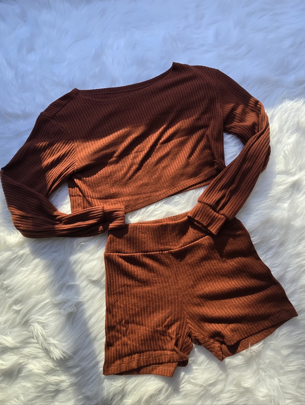 Rust Ribbed Two-Piece Lounge Set - Long Sleeve Crop Top & Shorts